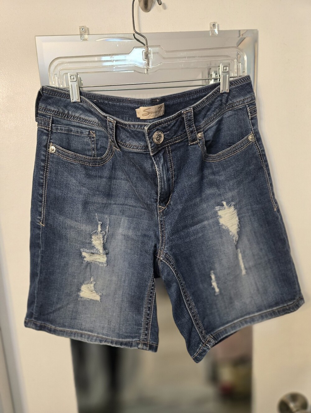 Seven7 Medium Wash Distressed Denim Bermuda Shorts